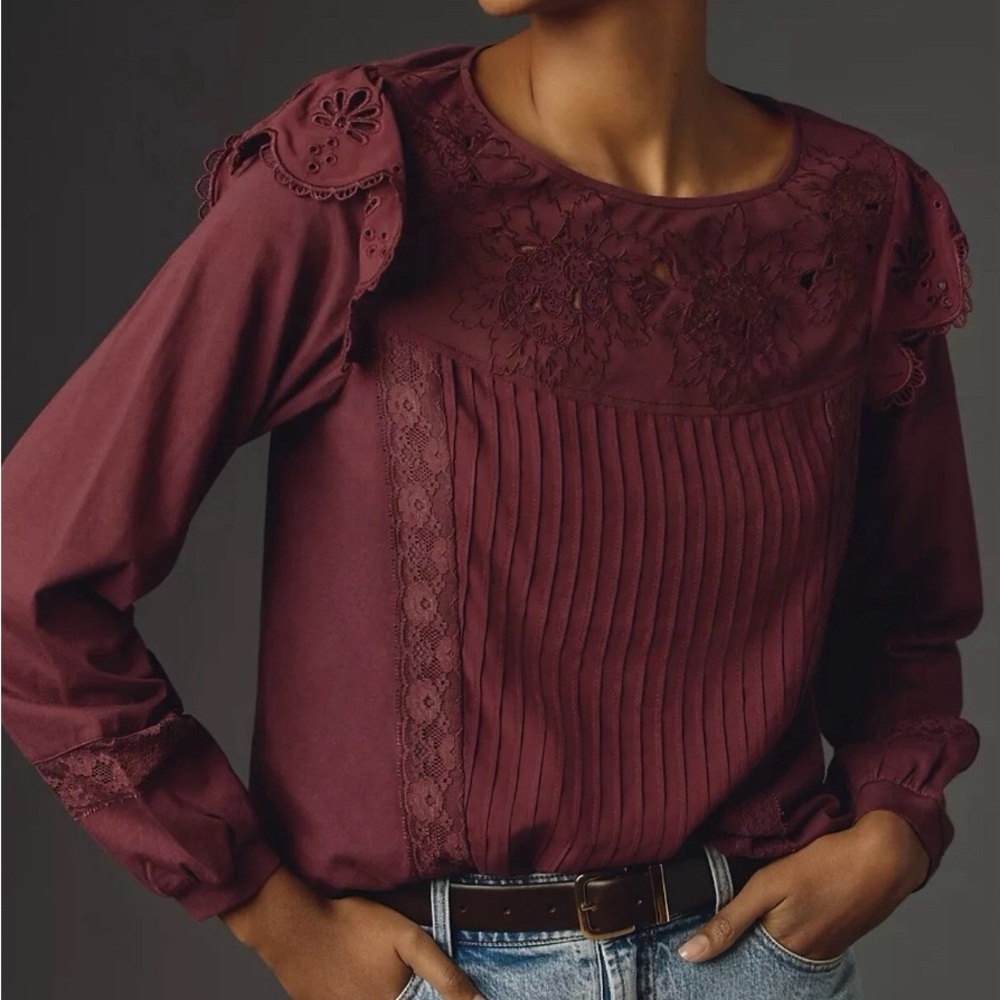 Chic Lace Accent Burgundy Blouse